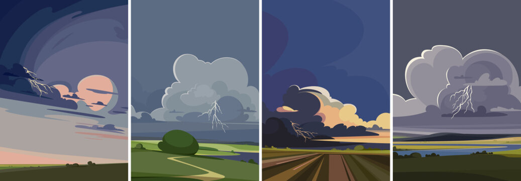 Set of landscapes with thunderstorm. Natural sceneries in portrait format.
