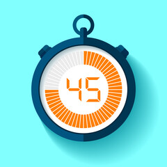 Stopwatch icon in flat style, round timer on color background. 45 seconds. Sport clock. Vector design element for you business project - obrazy, fototapety, plakaty