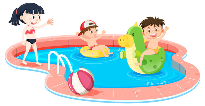 Children in the pool on white background