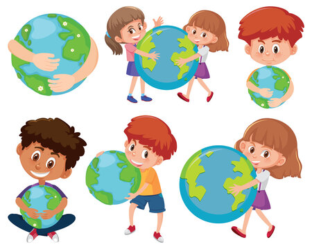 Set of different kids holding earth globes