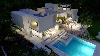 Aerial view of a Sustainable luxury villa at dusk