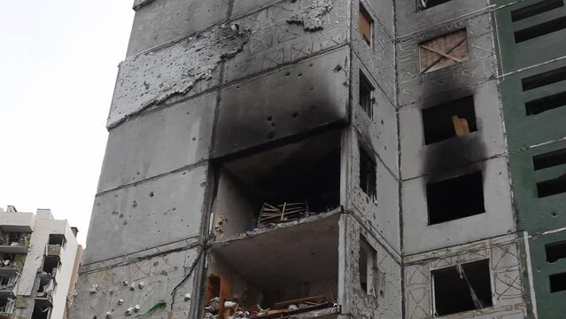 Destroyed and burned house after an air raid by the army of the Russian Federation. Houses of civilians destroyed by russian aircraft troops. Russia's war against Ukraine.