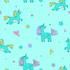 Seamless pattern with unicorns. Doodle cartoon characters. Cute Vector illustration for wrapping paper, fabric design, apparel print, party invitations, banner. Outline elements