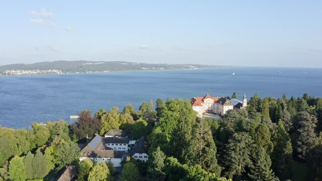 Aerial drone flight over the island Mainau in the Lake Constance