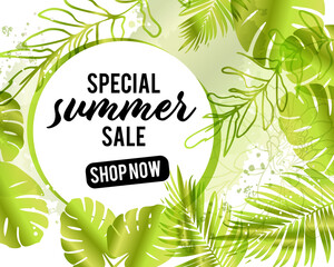 Summer sale banner template with background design. Vector plant elements. Promo badge for promotion, seasonal offer or advertising.