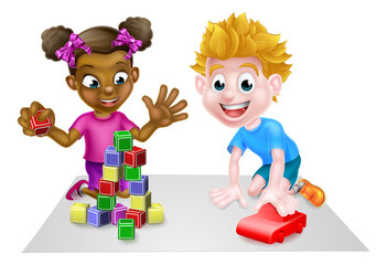Obraz na płótnie Canvas Cartoon Boy and Girl Playing with Car and Blocks