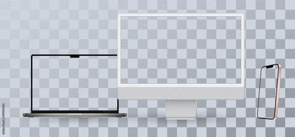 Poster Realistic monitor computer, laptop, tablet and smartphone. Modern device set. Mock up desktop computer, notebook, tablet, mobile phone with background screen. Electronic gadgets.