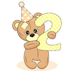Number two and teddy bear, baby birthday card on white isolated background, cute cartoon character and number two, textile print, packaging, vector , party invitations