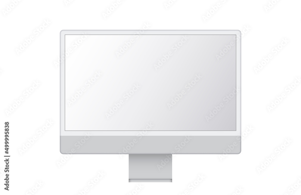 Poster trendy realistic thin frame silver monitor mock up with blank white screen isolated.