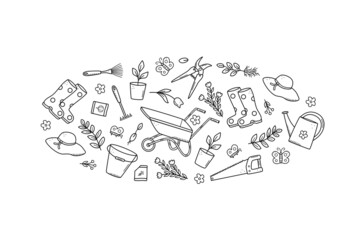 Fototapeta premium Garden tools and plants, a set of vector doodle illustrations. Concept gardening, a summer hobby.