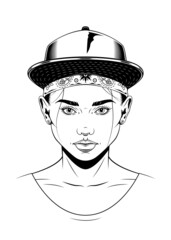 Vintage monochrome drawing of a woman face with baseball cap and bandana. Isolated vector template