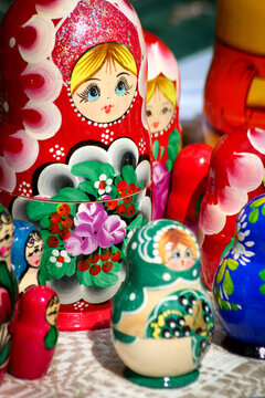Matryoshka dolls. Also known as babushka dolls, a set of wooden dolls of decreasing size which are placed one inside another.
