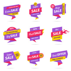 Sale banners design templates set. Flat line geometric speech bubbles special offers discounts vector illustration.