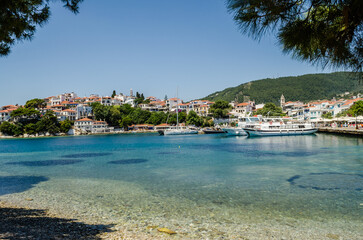 Fototapeta premium Panorama of the tourist island of Skiathos in Greece.
