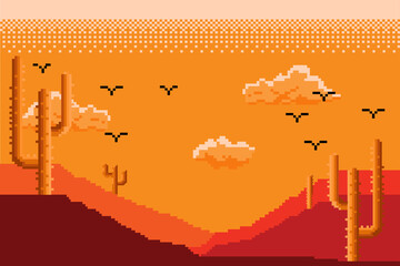 pixel art image of desert, hot atmosphere in the afternoon and there is a shadow of orange cactus tree