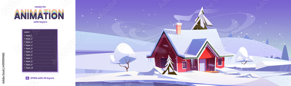Poster winter landscape with house, snow fields and frozen lake. vector parallax background ready for 2d an