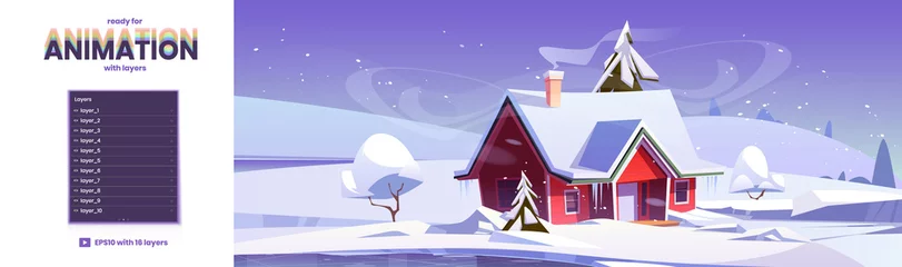 Foto op Aluminium Winter landscape with house, snow fields and frozen lake. Vector parallax background ready for 2d animation with cartoon illustration of snowfall, ice rink and village cottage © klyaksun