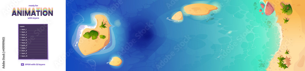 Poster sea beach top view parallax background for game animation with 2d separated layers. tropical ocean c