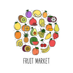 Round banner with color fruits icons. Design for market and store, vector illustration