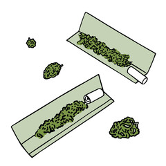 Vector illustration of marijuana buds and rolling paper isolated on white background.. Preparing a joint