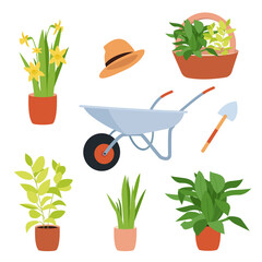 Set of garden tools isolated on white background. Bucket, wheelbarrow, shovel, watering can, plant in pot, hat. Stock vector illustration in simple flat style.