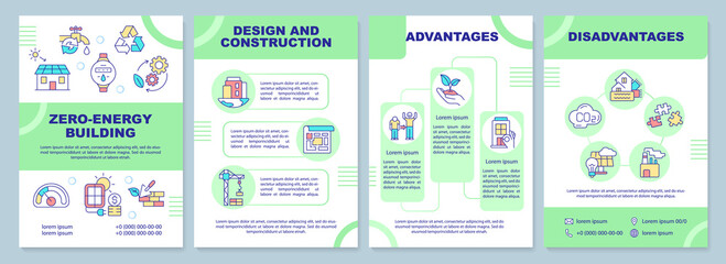 Fototapeta na wymiar Zero energy building green brochure template. Design and construction. Leaflet design with linear icons. 4 vector layouts for presentation, annual reports. Arial-Black, Myriad Pro-Regular fonts used
