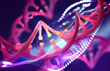 DNA genome decoding colorful design concept. Purple macro fantasy of a digital microscope. Laboratory research of molecular particles 3D illustration