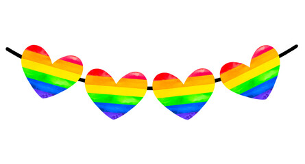 Rainbow hand drawn watercolor flag in heart shapes stickers set pack garland. Pride proud month. Lgbt transgender flag for pride month celebration. Human rights.