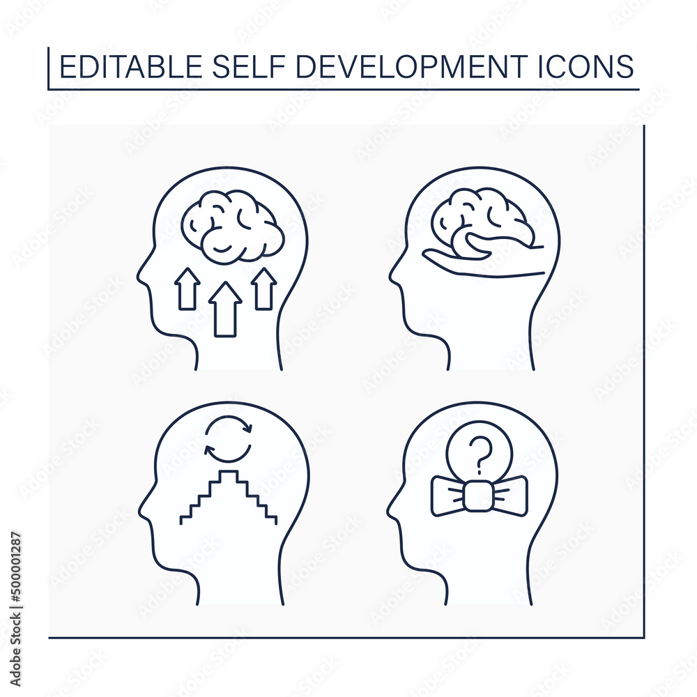 Poster self-development line icons set. self-mastery, habit creation, self-concept. achieving goals. improv