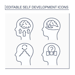 Self-development line icons set. Self-mastery, habit creation, self-concept. Achieving goals. Improving concept. Isolated vector illustrations. Editable stroke