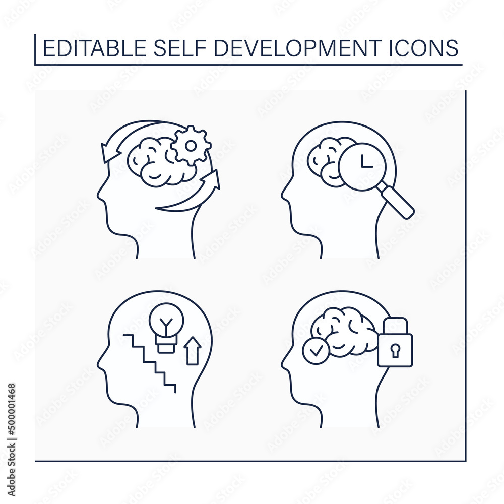 Poster self-development line icons set. self-actualization, discovery, skill enhancement, mental conditioni
