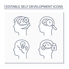 Self-development line icons set. Self-actualization, discovery, skill enhancement, mental conditioning. Achieving goals. Improving concept. Isolated vector illustrations. Editable stroke