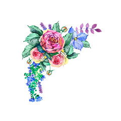 Watercolor illustration of lavender and rose. Hand painting. Can be used form of greeting cards, invitations and personalized card