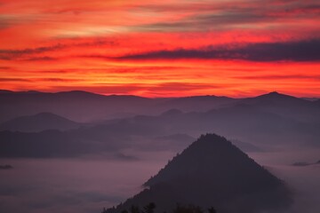 Wonderful morning mountain landscape. Sunrise at the top of Trzy Korony in Pieniny, Poland. © shadowmoon30