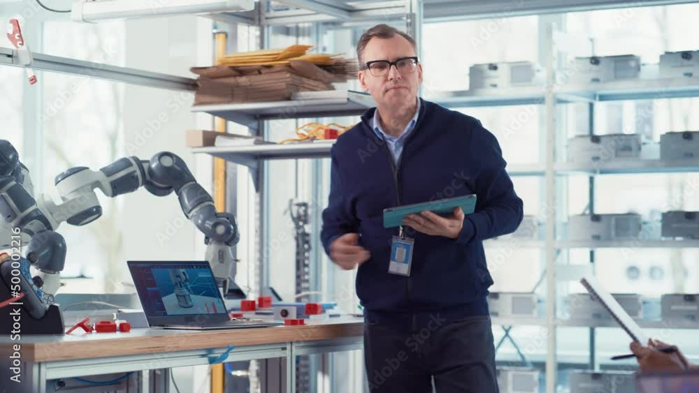 Aufkleber In Robotics Development Laboratory: Future Engineers and Scientist Work on Robot Arm Prototype. Professional Entrepreneur Inspires People to New Achievements