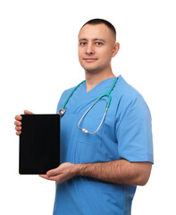 Doctor with stethoscope holding blank tablet on white background, space for design. Cardiology concept