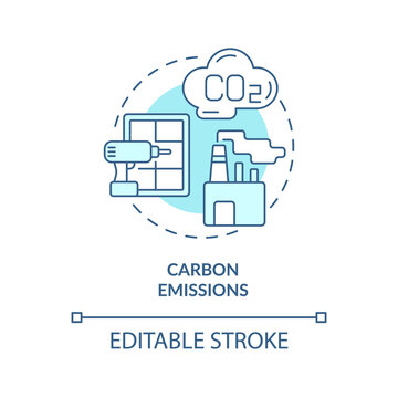 Carbon Emissions Turquoise Concept Icon. ZEB Drawback Abstract Idea Thin Line Illustration. High Global Warming Potential. Isolated Outline Drawing. Editable Stroke. Arial, Myriad Pro-Bold Fonts Used