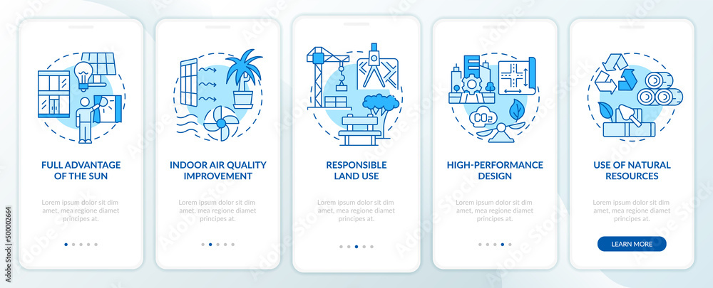 Poster eco-friendly architecture principles blue onboarding mobile app screen. walkthrough 5 steps graphic 