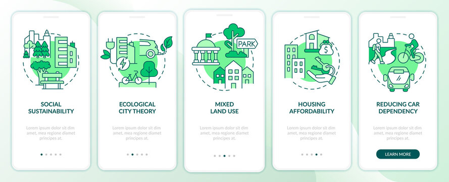 Sustainability In Urban Planning Green Onboarding Mobile App Screen. Walkthrough 5 Steps Graphic Instructions Pages With Linear Concepts. UI, UX, GUI Template. Myriad Pro-Bold, Regular Fonts Used