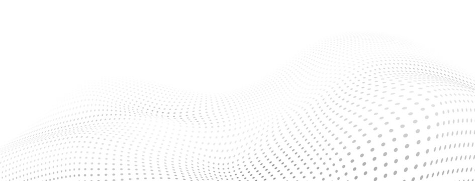 Abstract halftone background with curved surface made of small dots, gray on white