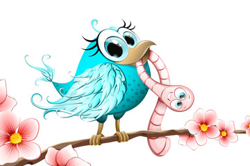 Bird funny with worm bow