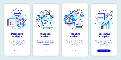 Fototapeta na wymiar Types of business analytics onboarding mobile app screen. Diagnostics walkthrough 4 steps graphic instructions pages with linear concepts. UI, UX, GUI template. Myriad Pro-Bold, Regular fonts used