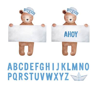 Watercolour illustration collection of cute teddy bear holding white paper board: blank one template and with lettering example and English alphabet letters. Isolated hand painted elements for design.