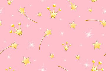 Cute cartoon crown, star and magic stick seamless pattern on pink background with sparkles. 