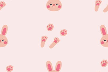 Bunny and rabbit paw seamless pattern. Cute tracery on pink background. 