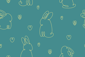 Bunny continuous line seamless pattern. Hand drawn cute rabbit.