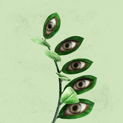 Contemporary art collage with flowers with an eyes inside it on light background. Modern design....