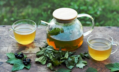 Tea in a glass teapot with cups with green leaves of black currant on a wooden colorful table.