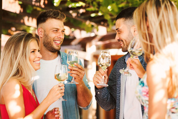 Group of young people enjoy and drink white wine in backyard during a summer sunny day
