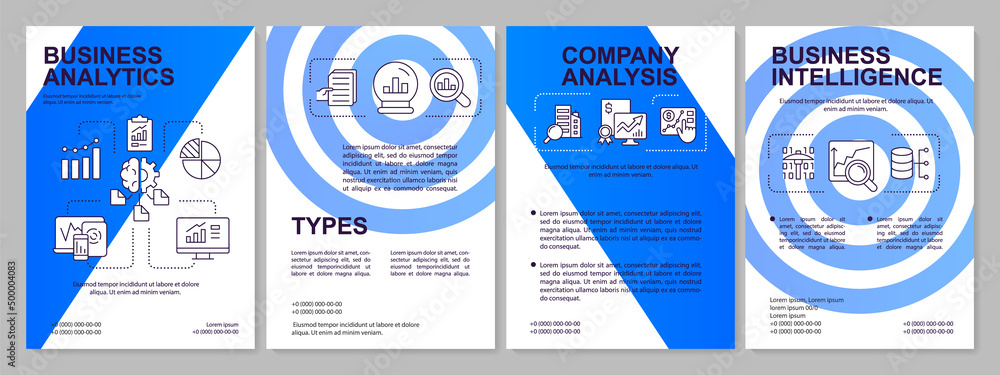 Wall mural Business analytics and intelligence blue brochure template. Analysis types. Leaflet design with linear icons. 4 vector layouts for presentation, annual reports. Arial, Myriad Pro-Regular fonts used